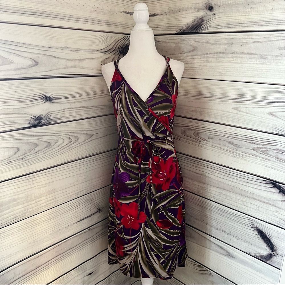 EXPRESS Red & Purple Floral Tropical Strappy Back Wrap Dress Size 3/4